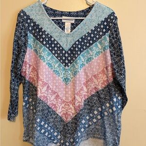 Alfred Dunner Blue and Pink Patterned Long Sleeve Top